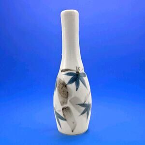 Vintage Hand Painted Japan White Bud Vase Blue Bamboo Allover Crazing